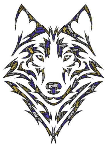 wolf face filled with words that describe our school